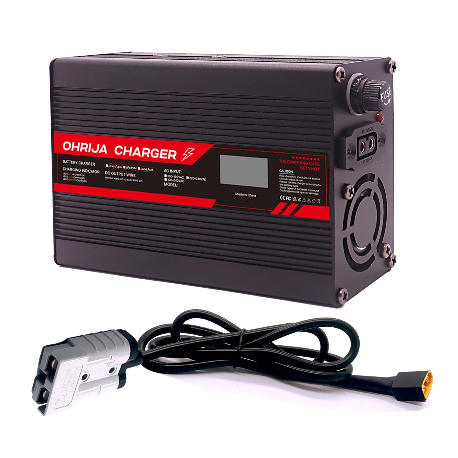 OHRIJA 67.2V 4A Lithium Battery Fast Charger with OLED Display & Interchangeable Connector Fast stabilization with cooling fan