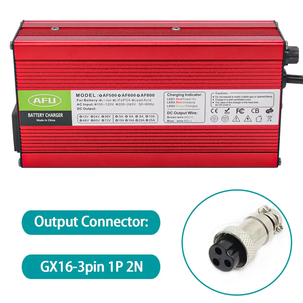 AFU 84V 5A Smart Lithium Charger for 72V/74V 20S Li-ion & Lipo Battery with GX16-3pin output connector.