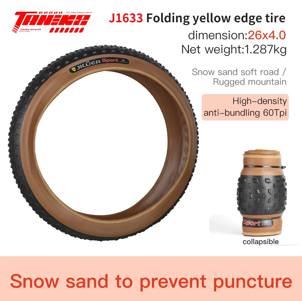 TANKE AntiPuncture Fat Tire Snow Beach Bike Tire 20x40 26x40 J1633 26x4.0 Yellow
