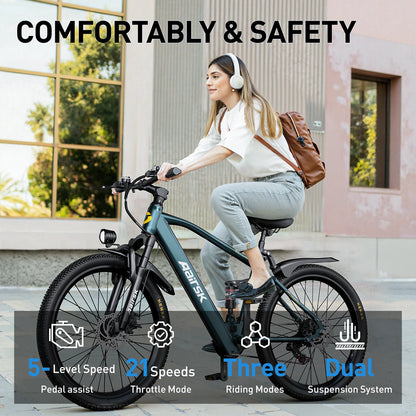 GT900 Electric Bike, Cyan, 24/26 Inch Rim, 750W Peak Motor, 28MPH, Dual Suspension, 13Ah/20Ah Removable Battery