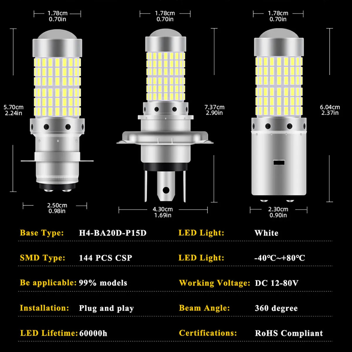 1PCS 144SMD H4 P15D BA20D Motorcycle Headlight Bulbs White 12v LED Headlamp Fog Light Spotlight Play and Plug