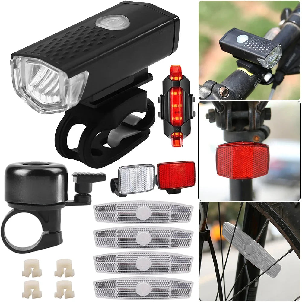 Bike Headlight Taillight Bell Set Bicycle Front Rear Lamp Waterproof Riding Cycling Light USB Charging LED Flashlight Accessorie