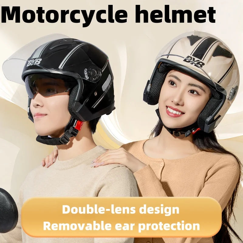 Lightweight 3/4 open face motorcycle and scooter helmet with double layer sunshade lens for men and women