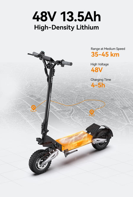   T10 Electric Scooter 900W Peak Motor 48V 13.5Ah Battery 11” Tires Foldable CE Certified E-Scooter
