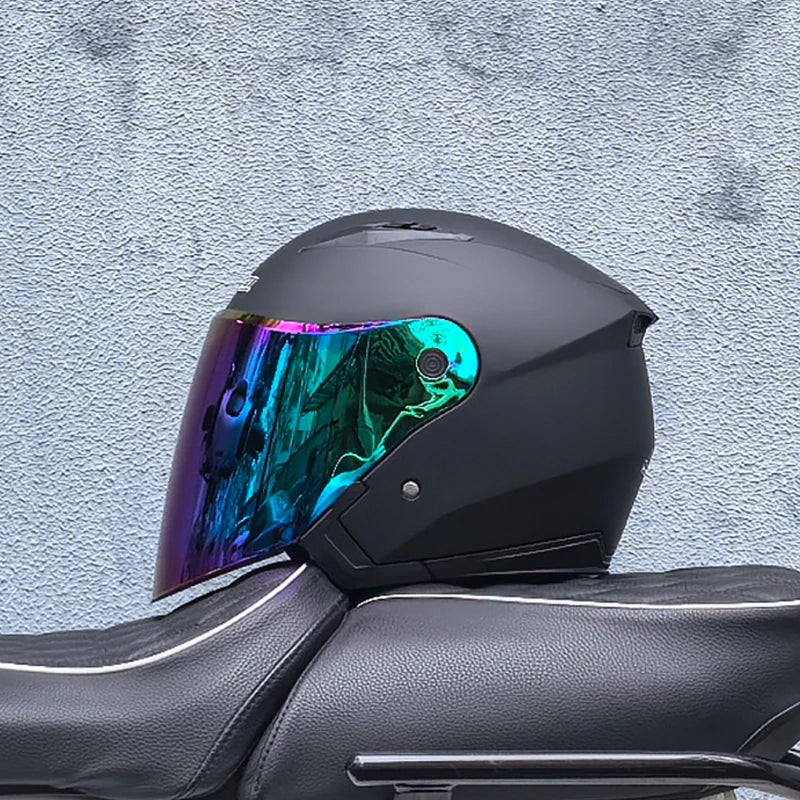 Dual lens motorcycle helmet side angle showing aerodynamic design