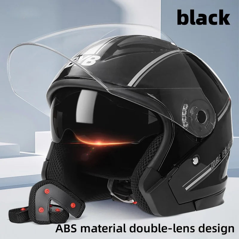 Lightweight 3/4 open face motorcycle helmet with double lens in matte black