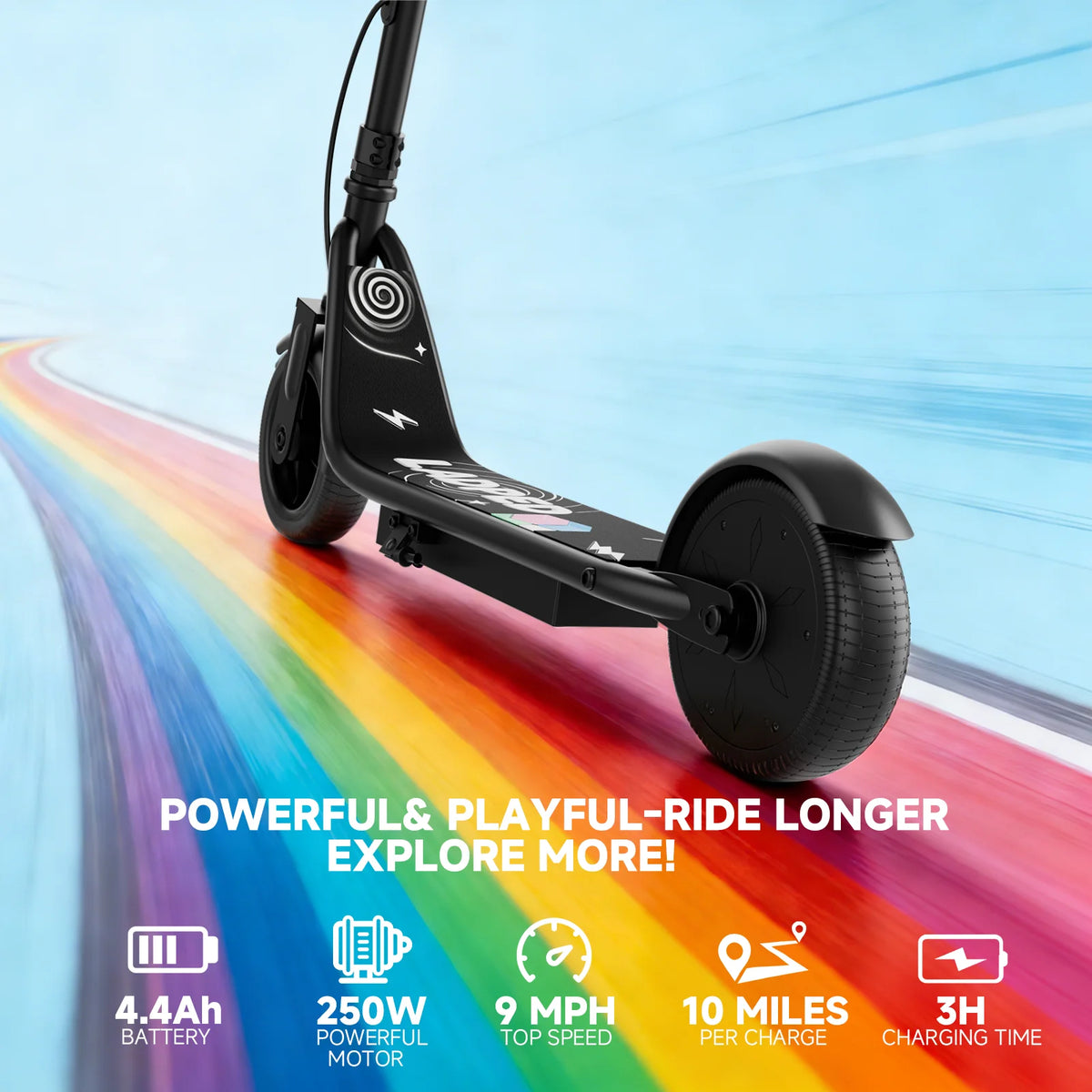 child safely riding electric scooter on pavement wearing helmet