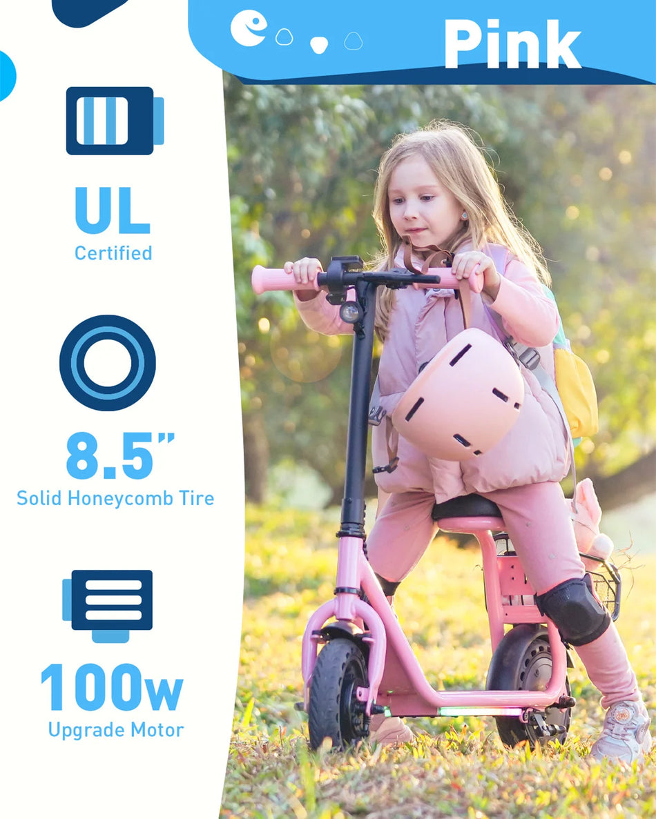 Hiboy Q2 Lite Kids Electric Scooter with Seat - 100W Motor, 9.3MPH, LED Lights (Ages 4-10)