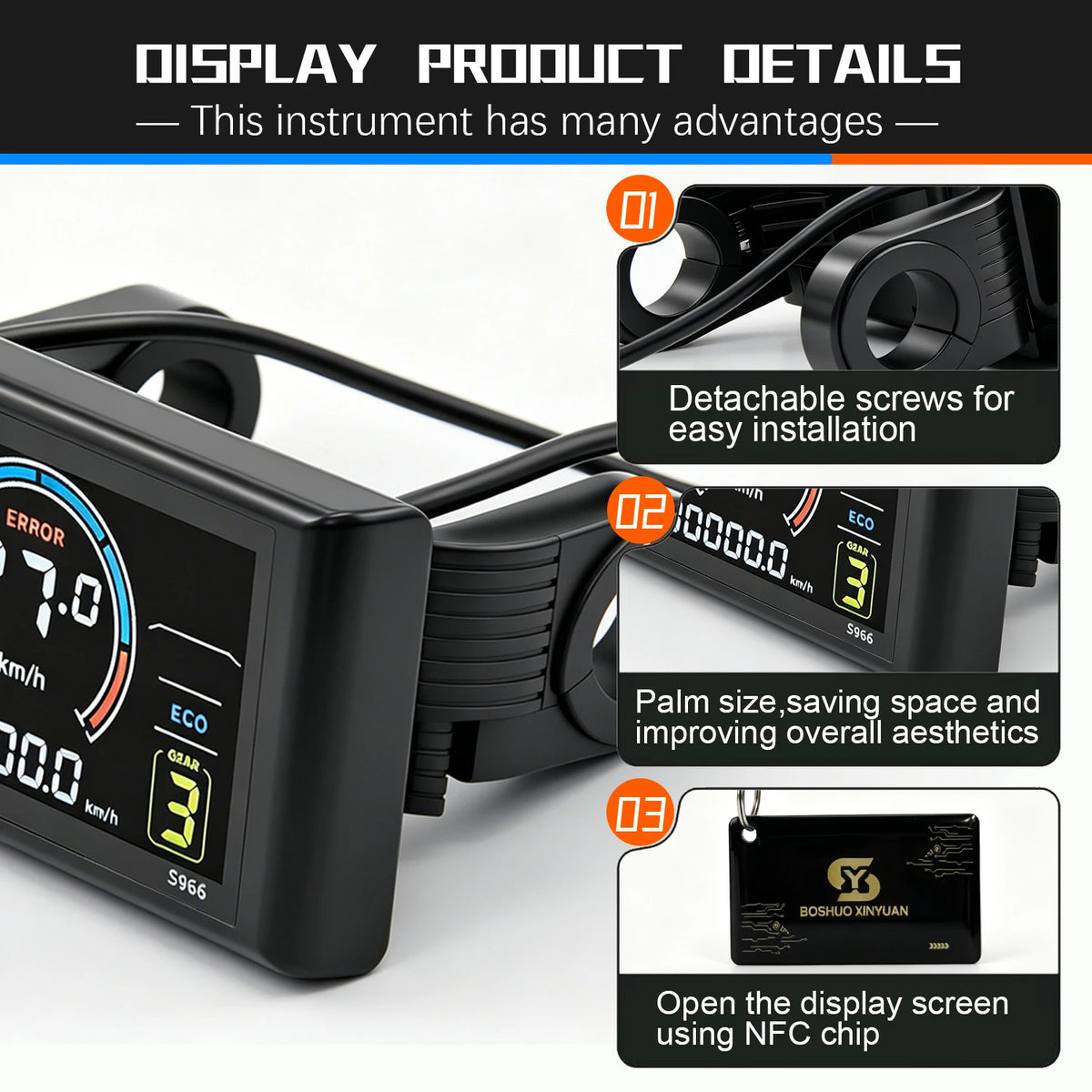 S966 NFC Ebike LCD Display mounted on 22.2mm electric bike handlebar