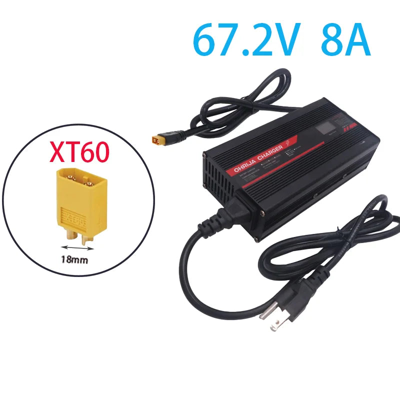 OHRIJA 67.2V 8A Charger Smart Aluminum Case Is Suitable For 16S 59.V LCD Dispay Li-ion Lipo Battery OLED Display Fast Charger XT60