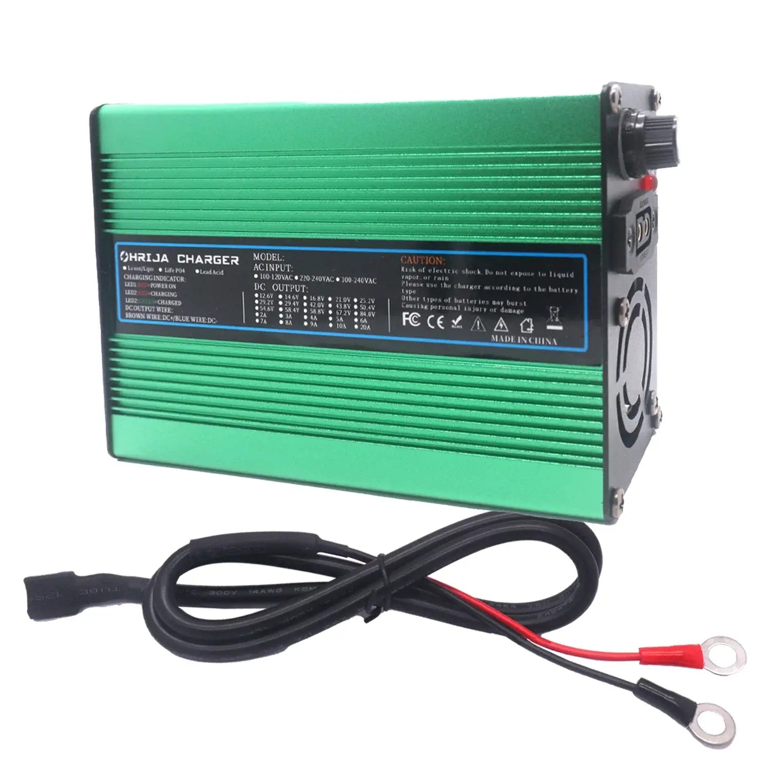 OHRIJA 18.25V 10A Quick Charger for 5S 16V LiFePO4 Battery - Aluminum Shell with green casing and connecting cables.