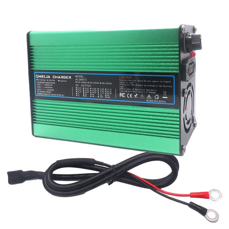 OHRIJA 18.25V 10A Quick Charger for 5S 16V LiFePO4 Battery - Aluminum Shell with green casing and connecting cables.