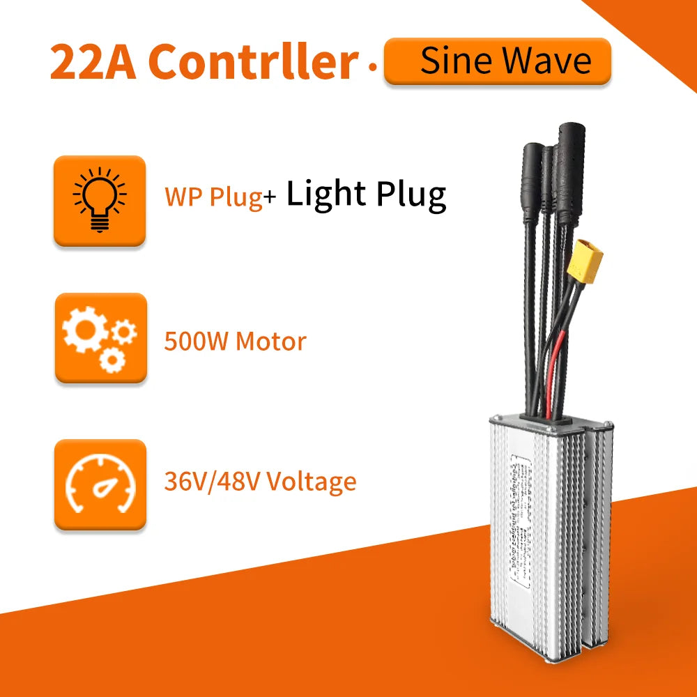 Electric Bike KT Controller 36V 48V Waterproof Brushless 250W 350W 500W 1000W Ebike Accessories with Light Function 22A Sinewave