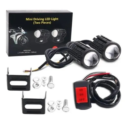 Universal Motorcycle LED Headlight Projector Lens Dual Color ATV Scooter Driving Lamp Fog Light Auxiliary Spotlight Lamp 2Lights and 1Switch