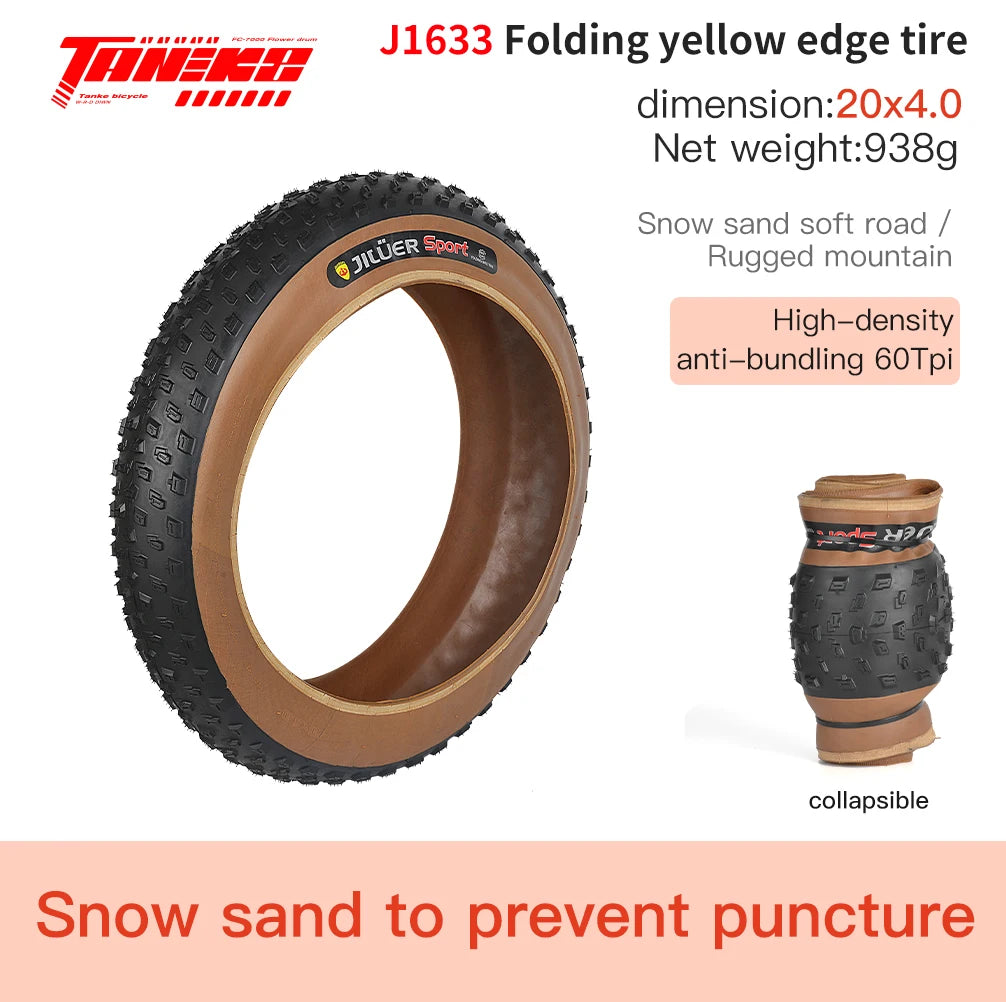 TANKE Anti Puncture Snow Beach Bicycle Tire Outdoor Biking MTB Bicycle Anti-Slip Fat Tire 20X4.0 26X4.0 Puncture Resistant Tire J1633 20x4.0 Yellow