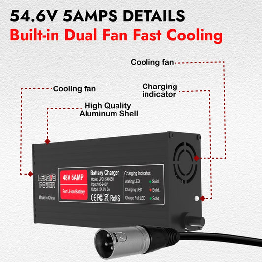 54.6V 5A Li-ion Battery Charger For 48V Electric Bike with DC2.1 Plug Intelligent Ebike Polly Hailong Battery Power Supply