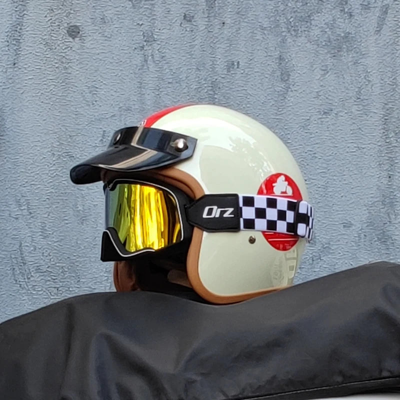 Vintage semi-open bike helmet side profile with safety strap