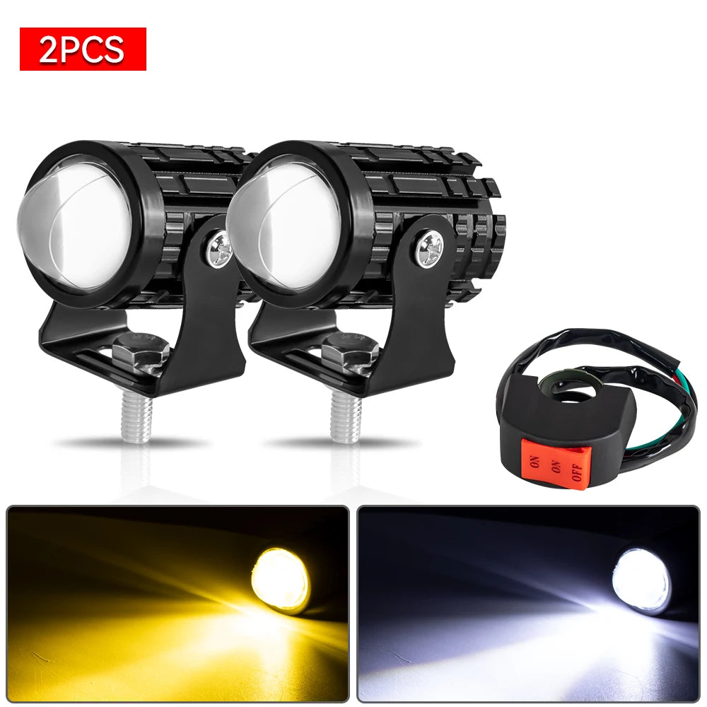 Universal Motorcycle LED Headlight Projector Lens Dual Color ATV Scooter Driving Lamp Fog Light Auxiliary Spotlight Lamp 2PC Switch Yellow