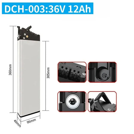 DCH-003/006/009 E-Bike Battery 36V 48V 52V (10Ah-17Ah) 350W-1000W side view and features