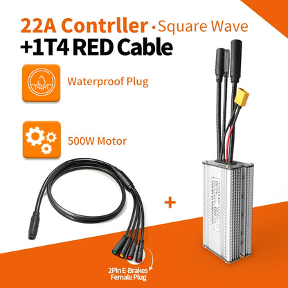 KunTeng Electric Bike Controller 36V 48V XT60 Waterproof Brushless 250W 350W 500W 1000W with 1T4 Cable 2Pin E-Brakes 22A Squarewave1t4R
