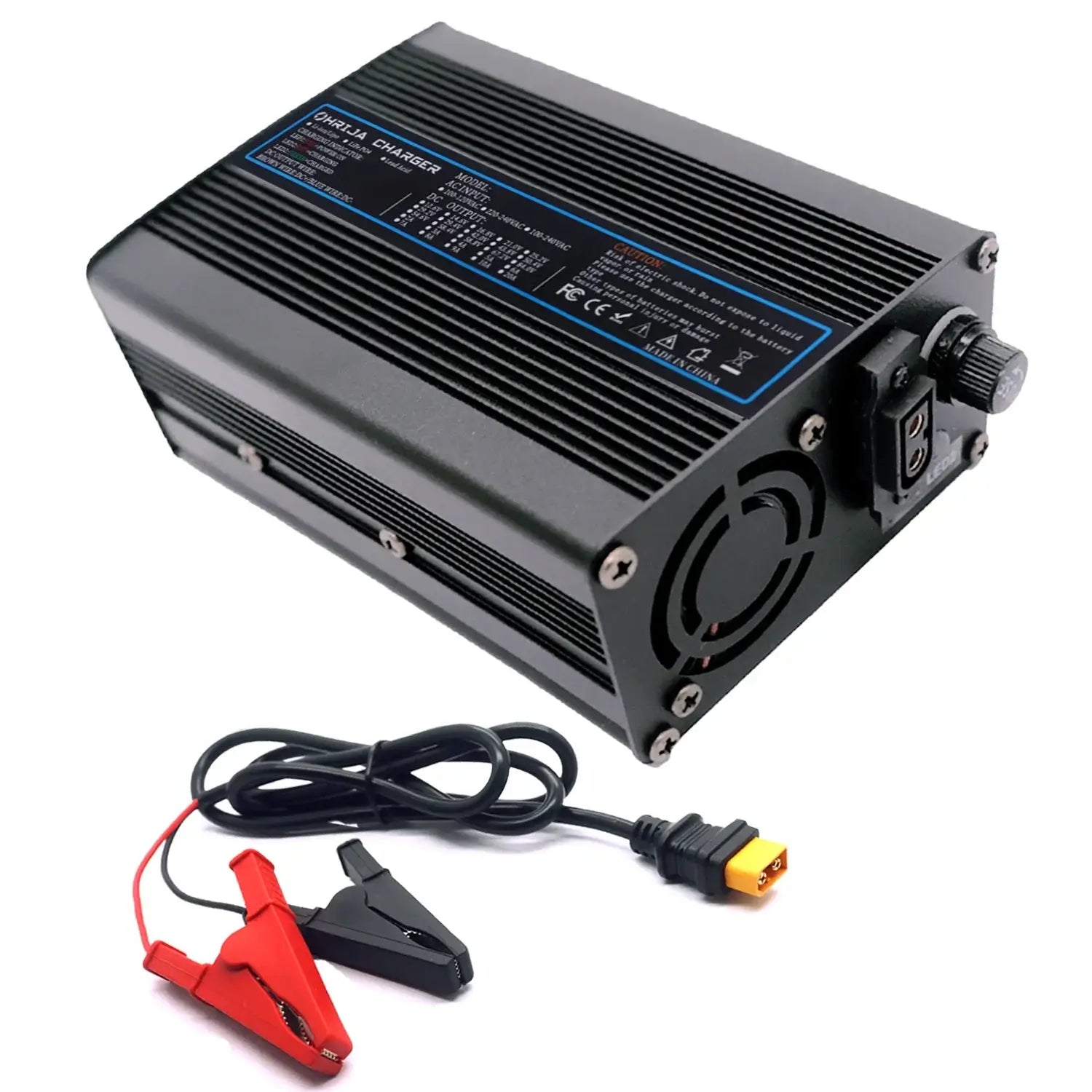 54.6V 5A Smart Lithium Battery Fast Charger for 48V 13S Battery Packs with rugged design and cooling fan.