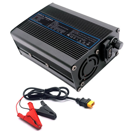 54.6V 5A Smart Lithium Battery Fast Charger for 48V 13S Battery Packs with rugged design and cooling fan.