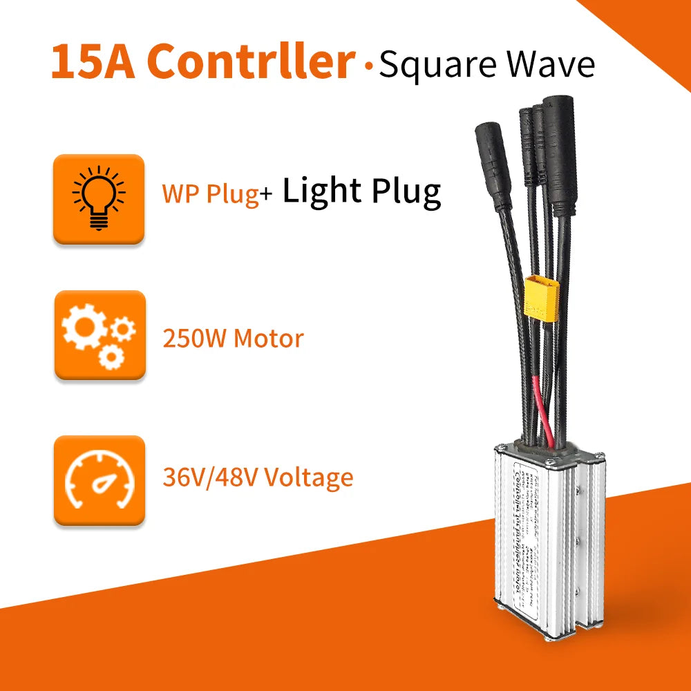 Electric Bike KT Controller 36V 48V Waterproof Brushless 250W 350W 500W 1000W Ebike Accessories with Light Function 15A Squarewave