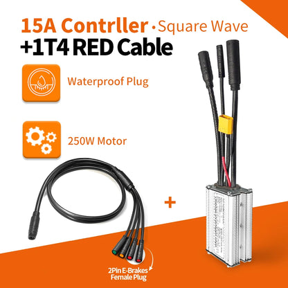 KunTeng Electric Bike Controller 36V 48V XT60 Waterproof Brushless 250W 350W 500W 1000W with 1T4 Cable 2Pin E-Brakes 15A Squarewave1t4R