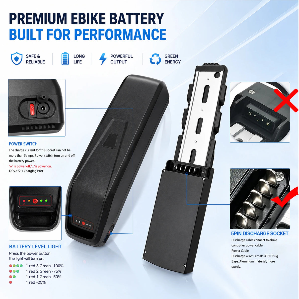 5-pin mounting base and discharge port for 48V ebike battery