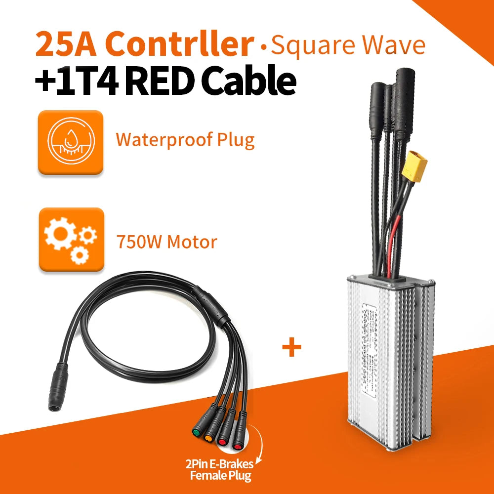 KunTeng Electric Bike Controller 36V 48V XT60 Waterproof Brushless 250W 350W 500W 1000W with 1T4 Cable 2Pin E-Brakes 25A Squarewave1t4R