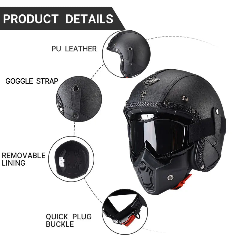Vintage Motorcycle Helmet Men's Four season Leather Jet Helmets Electric Bike Half Helmet