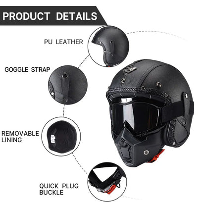 Vintage Motorcycle Helmet Men's Four season Leather Jet Helmets Electric Bike Half Helmet
