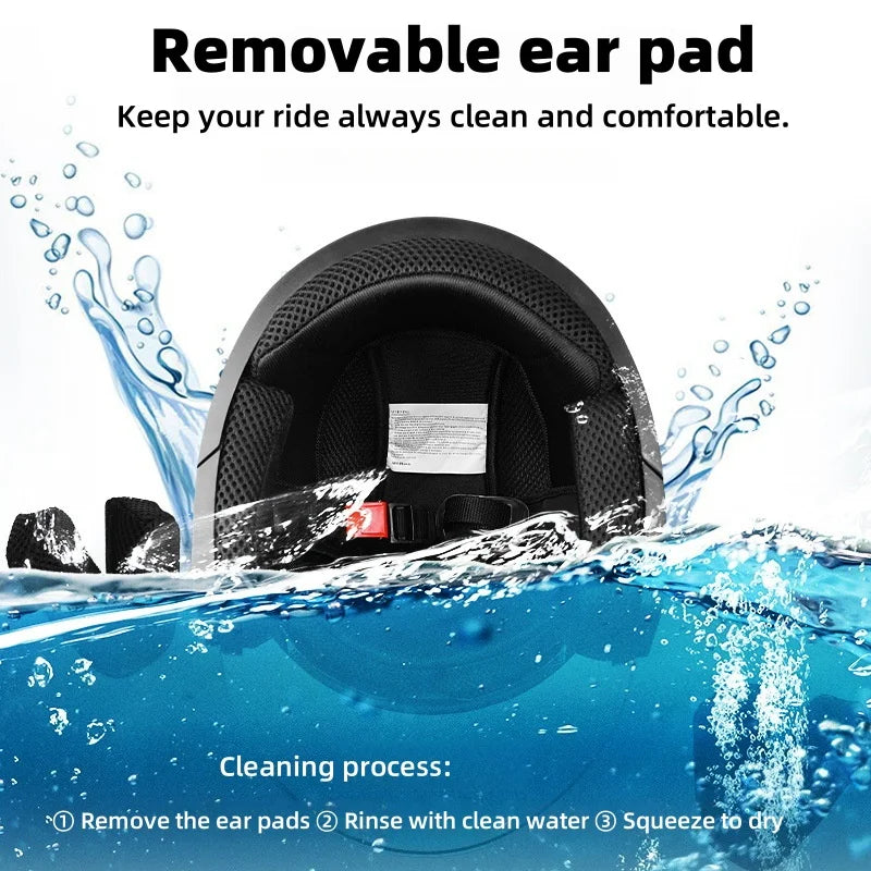 Quick-release micrometric chin strap buckle on a 3/4 open face safety helmet
