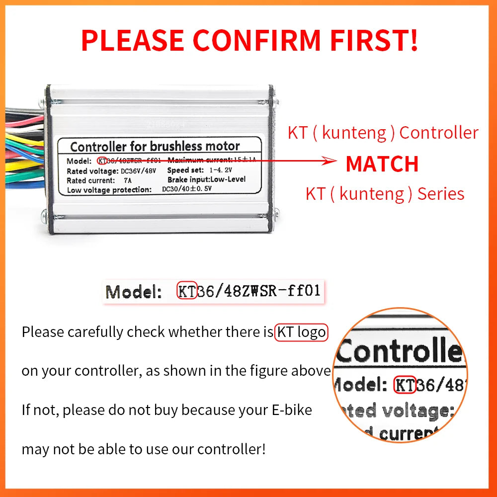 KunTeng Electric Bike Controller 36V 48V XT60 Waterproof Brushless 250W 350W 500W 1000W with 1T4 Cable 2Pin E-Brakes