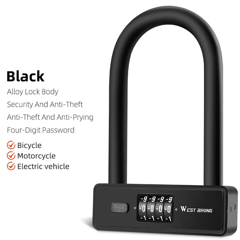 WEST BIKING Bicycle Motorbike U Lock Anti Theft Security Lock Heavy Duty Zinc Alloy Padlock E-Bike Door with Password Keys 0705077Black