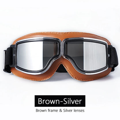 Universal Motorcycle Vintage Goggles Leather Motorbike Scooter Biker Moto Glasses Goggles for Steampunk Helmet Goggles Dustproof Brown-Silver