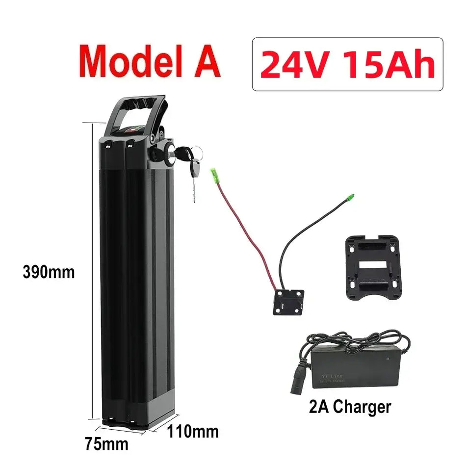 Silverfish E-Bike Battery 24V 36V 48V - 11Ah 15Ah 17Ah 20Ah Lithium-ion Pack for 250W-1000W Bafang Motor, Model A 24V 15Ah.