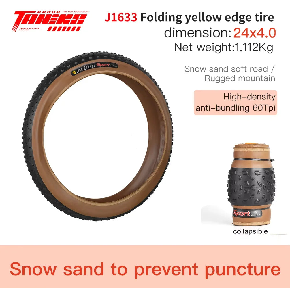 TANKE AntiPuncture Fat Tire Snow Beach Bike Tire 20x40 26x40 J1633 24x4.0 Yellow