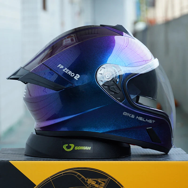 Front view of DOT full face motorcycle helmet with clear visor and inner sun lens