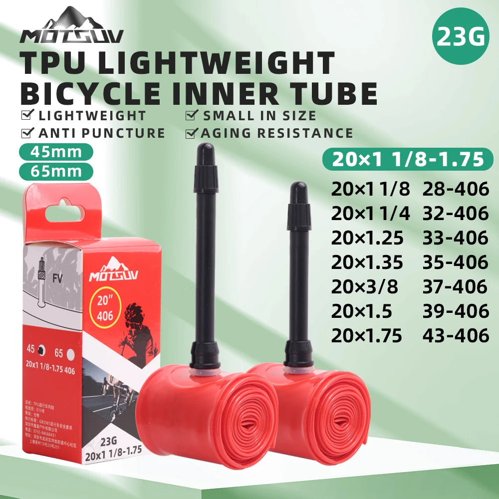 Ultralight Road Bicycle TPU Inner Tube 20 inches 406 20x1 1/8-1.75 French Valve Core Puncture Protection 45/65mm BMX Bike Tire