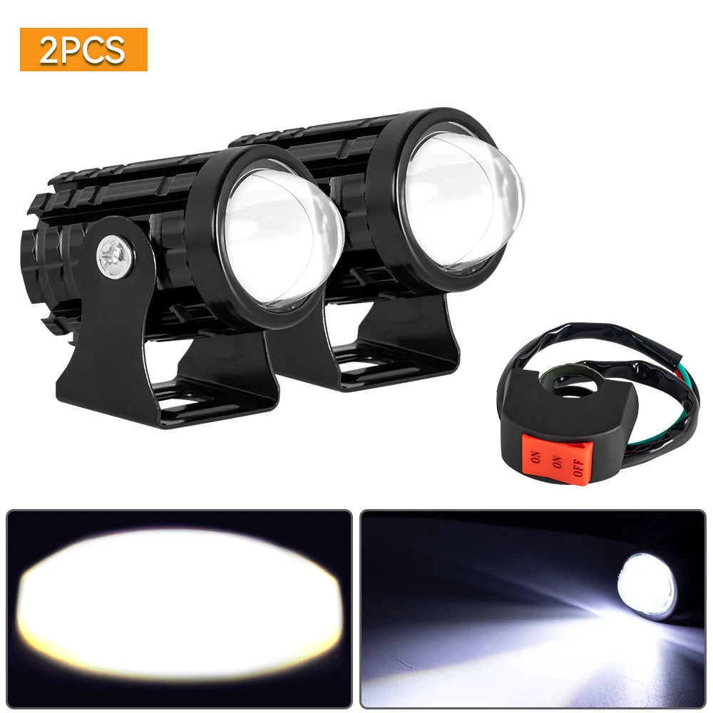 Universal Motorcycle LED Headlight Projector Lens Dual Color ATV Scooter Driving Lamp Fog Light Auxiliary Spotlight Lamp 2PCS Switch White