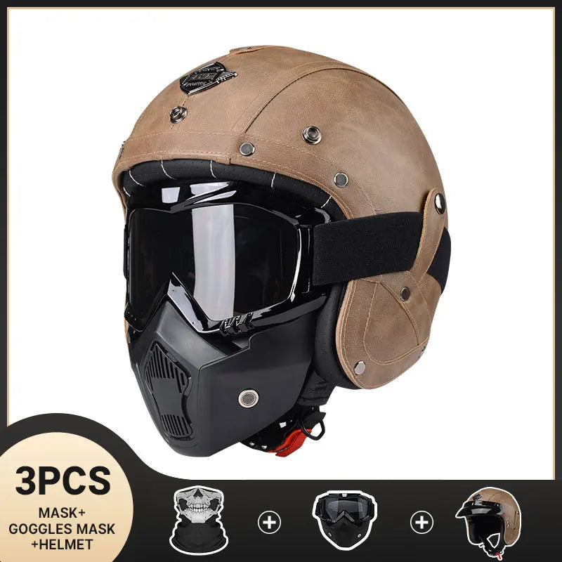 Vintage Motorcycle Helmet Men's Four season Leather Jet Helmets Electric Bike Half Helmet Brown CHINA