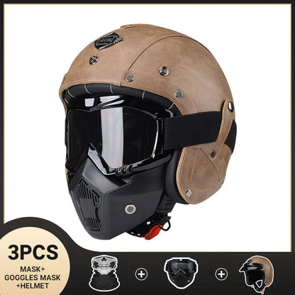 Vintage Motorcycle Helmet Men's Four season Leather Jet Helmets Electric Bike Half Helmet Brown CHINA