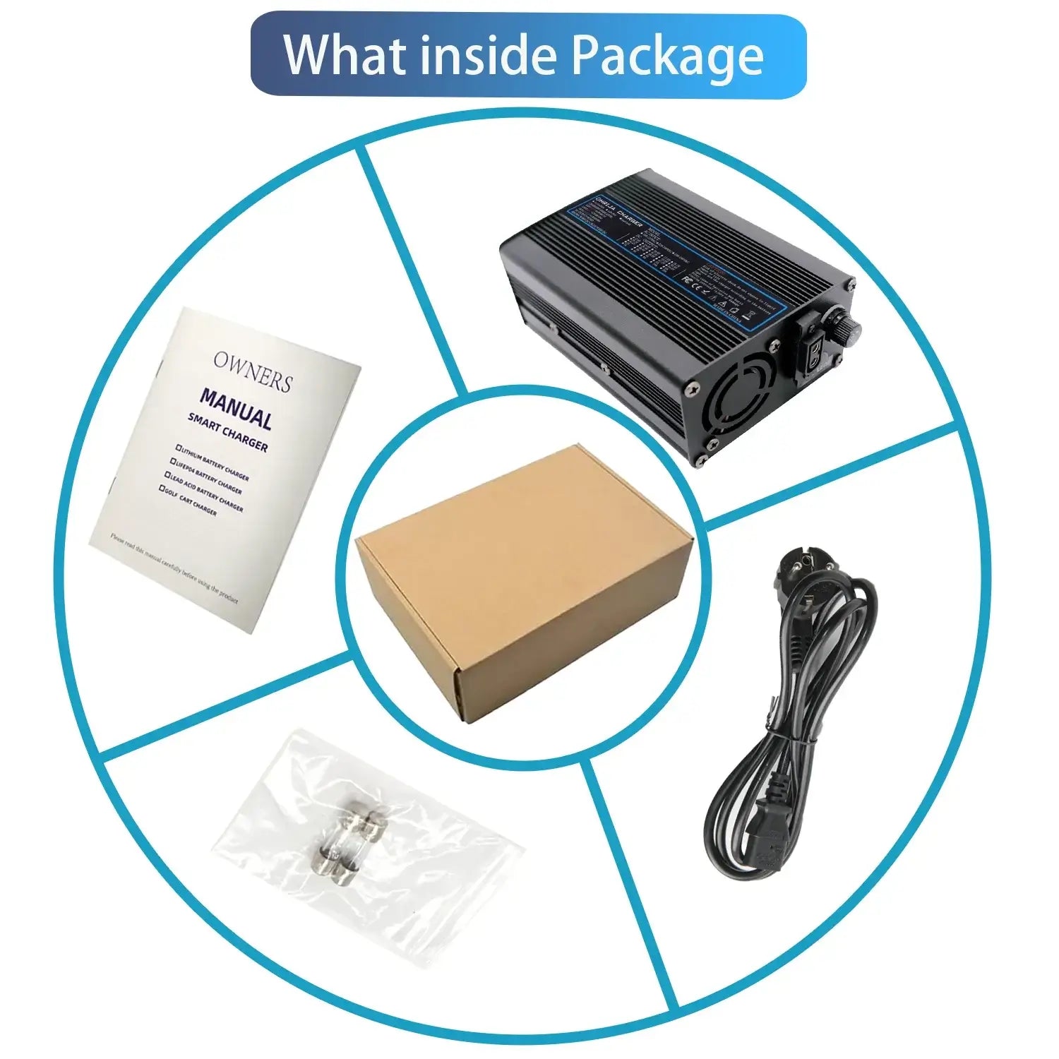 What inside Package of 54.6V 5A Smart Lithium Battery Fast Charger for 48V 13S Battery Packs, including manual, charger, box, cable.