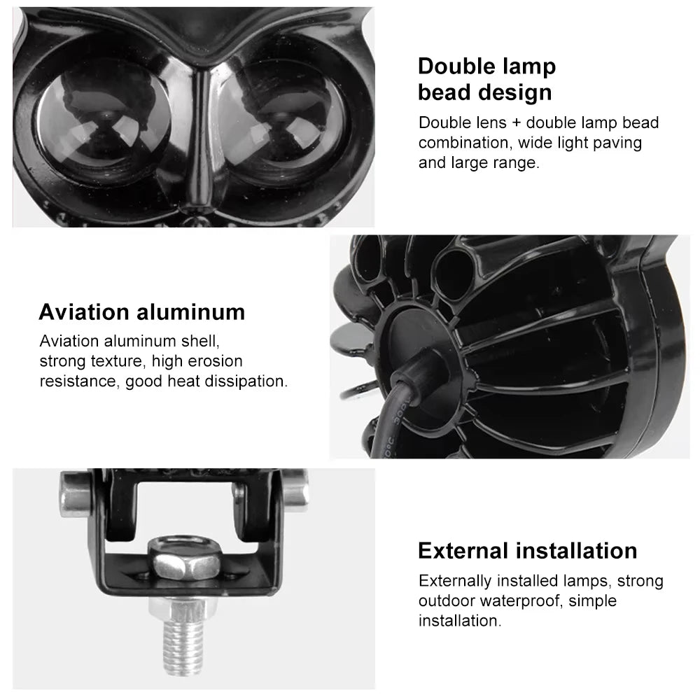 32W Motorcycle Spotlights Led 3200lm Yellow White Owl Four Mode Strobe 8-85V Motorcycle Lamp Universal Moto Headlight Spotlights