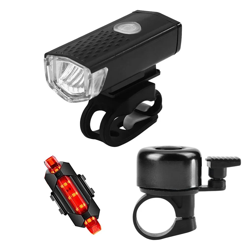 Bike Headlight Taillight Bell Set Bicycle Front Rear Lamp Waterproof Riding Cycling Light USB Charging LED Flashlight Accessorie