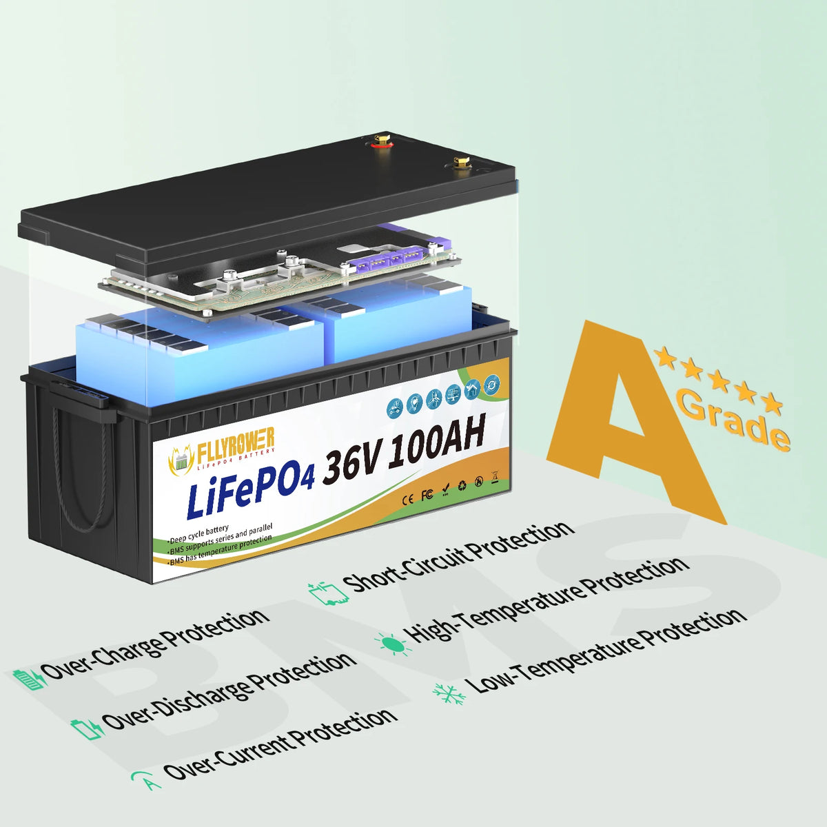 FLLYROWER 36V Battery Terminal Connections and Heavy-Duty Posts Close-up
