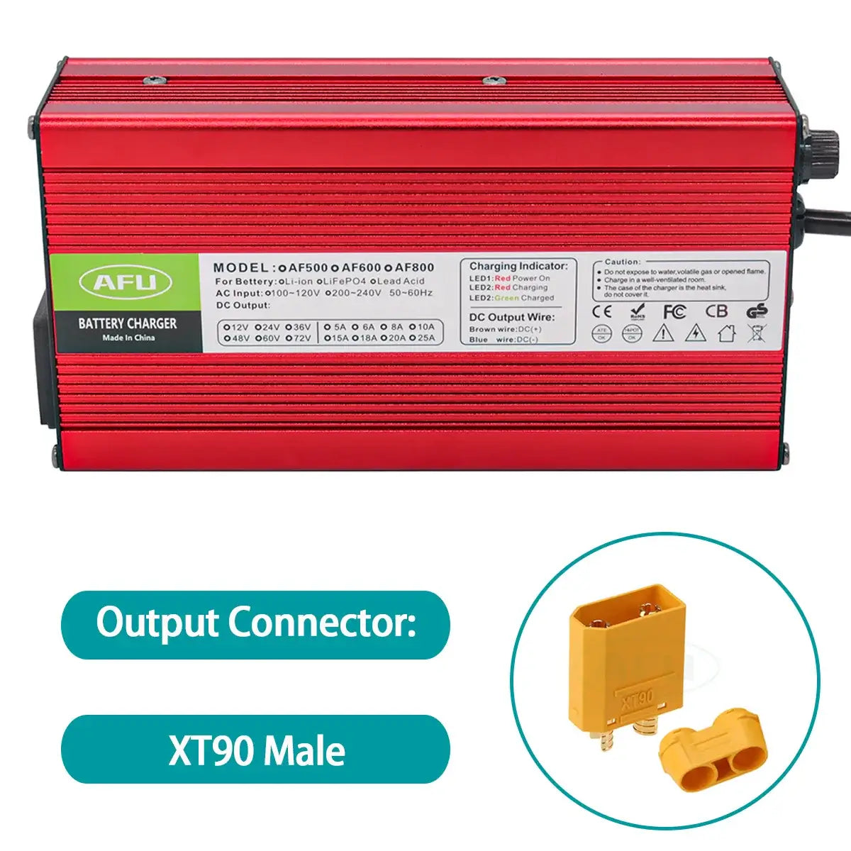 AFU 84V 5A Smart Lithium Charger for 72V/74V 20S Li-ion & Lipo Battery with XT90 Male output connector.