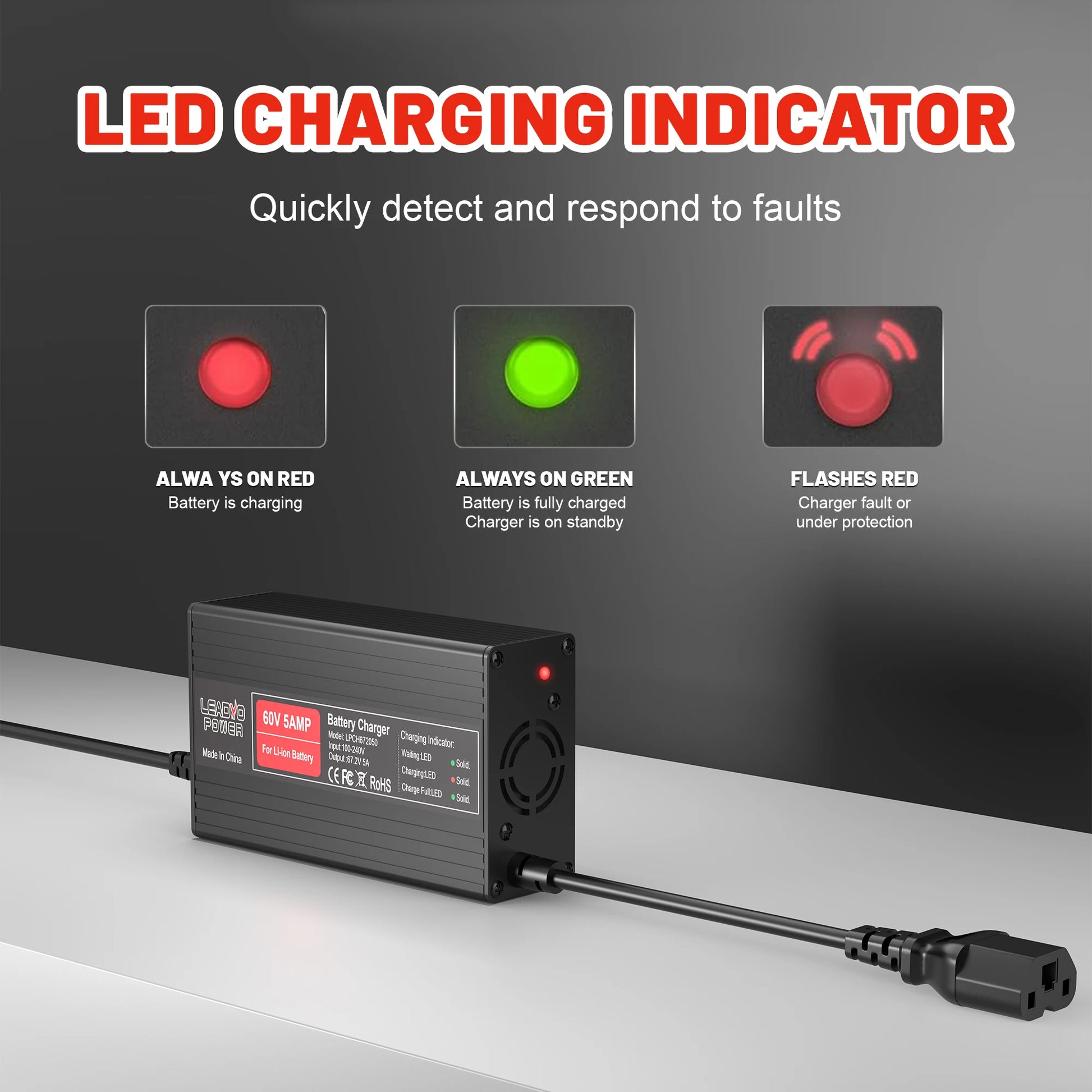 67.2V 5A Battery Charger 16S 60V Lithium ion battery For Electric Motorcycle With IEC Charger Port