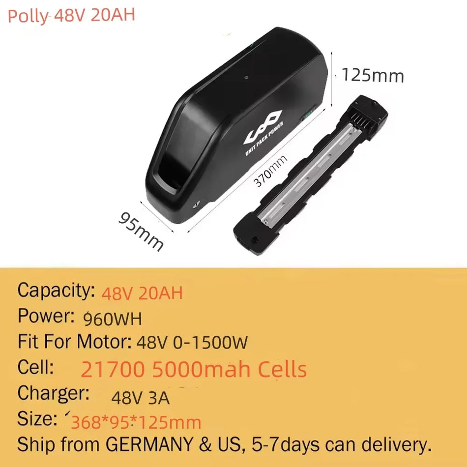 Hailong Polly E-Bike Battery 36V/48V (13Ah - 25Ah) | Long Range Lithium Pack for 250W-1500W Motors | Fits Bafang BBS01/BBS02